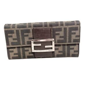 Authentic Fendi Zucca FF Long Wallet Brown Canvas Silver Logo Clasp Italy
